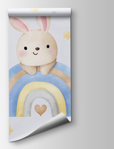 Fototapet Un iepuraș de desene animate pe un curcubeu, Fototapet animale, Fototapet populare, w01332 - Tapeko.ro