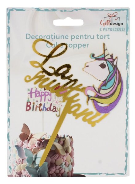 Cake Topper tort mesaj auriu cu unicorn