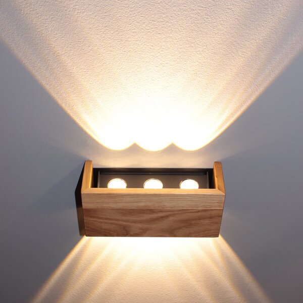 FISCHER & HONSEL Aplică de perete LED Shine-Wood, lățime 21 cm, stejar/negru, lemn, Lemn, Camera de zi / sufragerie, Lemn