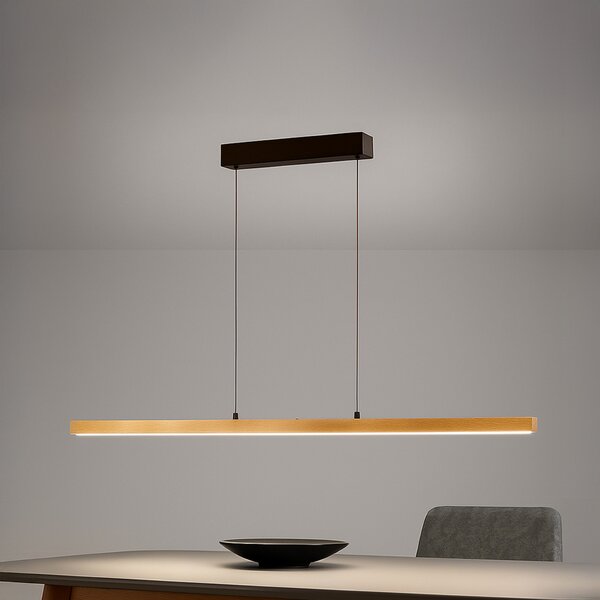 FISCHER & HONSEL Lampă suspendată LED Shine-Wood, lungime 141 cm, stejar/negru CCT, reglabil, Lemn, Camera de zi / sufragerie, Lemn