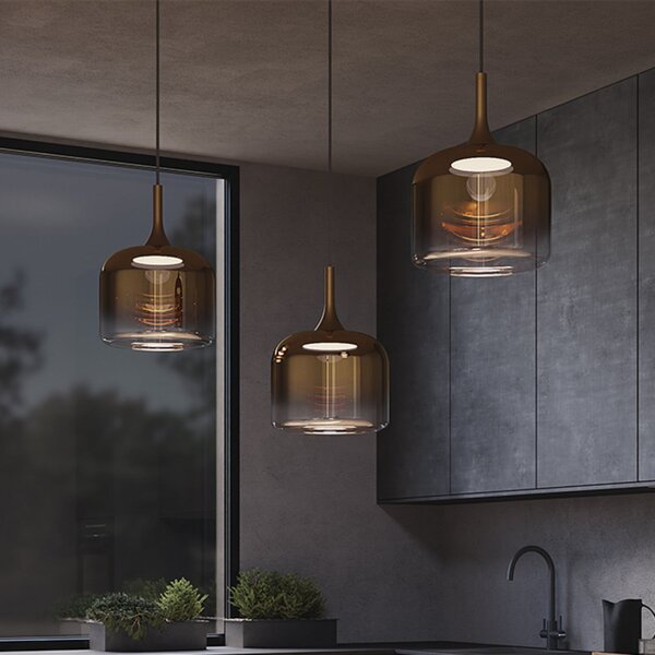 Maytoni Lampă suspendată LED Spirito, auriu, sticlă/metal, Ø 26 cm, Auriu / Alamă, Camera de zi / sufragerie, Sticlă