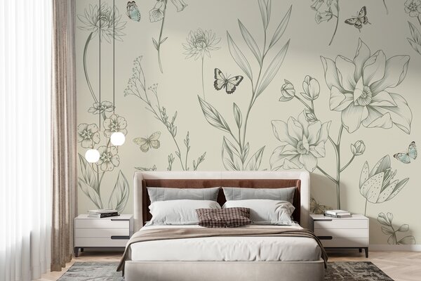 Fototapet Flori delicate și fluturi care zboară, Fototapet natură, Fototapet populare, w08088v3 - Tapeko.ro