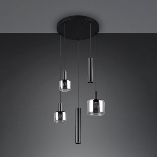 Trio Lighting Lampă suspendată Mataro, crom/negru, Ø 55 cm 5 becuri sticlă/metal, reglabil, Negru, Camera de zi / sufragerie, Sticlă, Modern