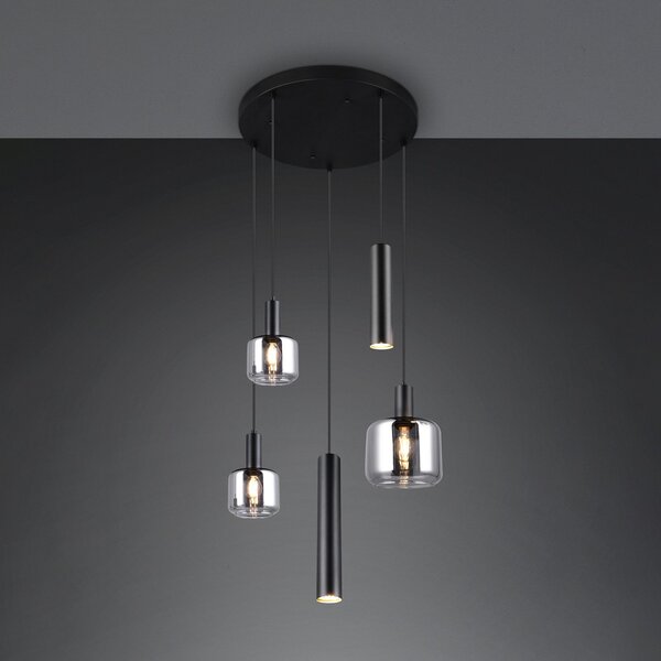 Trio Lighting Lampă suspendată Mataro, crom/negru, Ø 55 cm 5 becuri sticlă/metal, reglabil, Negru, Camera de zi / sufragerie, Sticlă, Modern