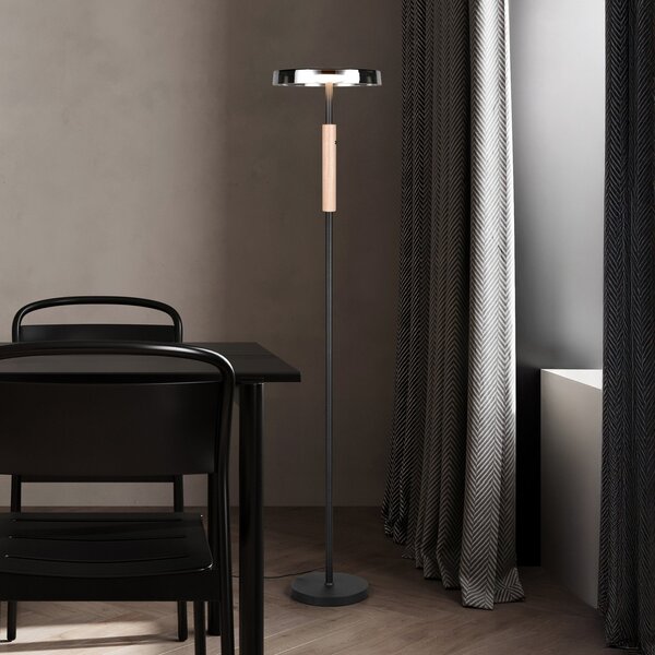 Trio Lighting Lampadar LED Celeste crom/lemn 160 cm sticlă/metal Touchdim, reglabil, Negru, Camera de zi / sufragerie, Sticlă, Modern