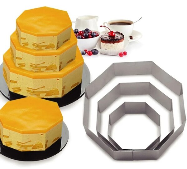 Set 3 forme metalice Pufo Cake in forma de octogon pentru blat de tort, prajituri, argintiu- rezistente si usor de utilizat