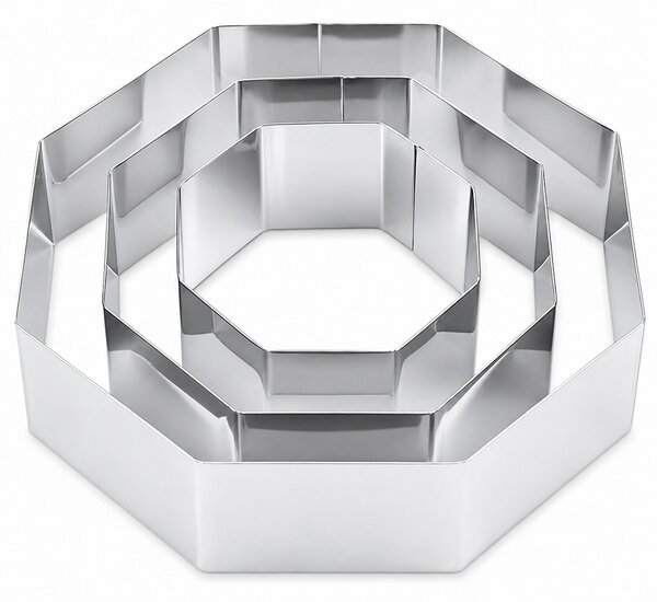 Set 3 forme metalice Pufo Cake in forma de octogon pentru blat de tort, prajituri, argintiu- rezistente si usor de utilizat