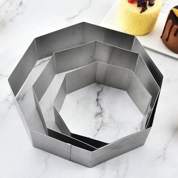 Set 3 forme metalice Pufo Cake in forma de octogon pentru blat de tort, prajituri, argintiu- rezistente si usor de utilizat