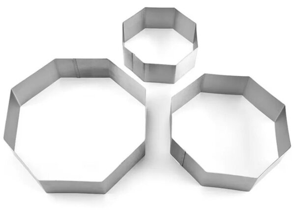 Set 3 forme metalice Pufo Cake in forma de octogon pentru blat de tort, prajituri, argintiu- rezistente si usor de utilizat