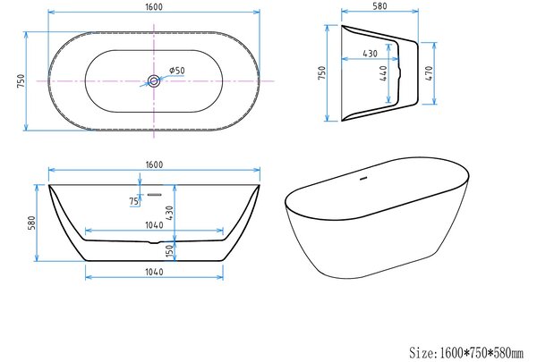 Erga Kaia, cada de sine stătătoare 160x75 cm + dop de scurgere, alb lucios, ERG-Kaia-160075-WH-WH