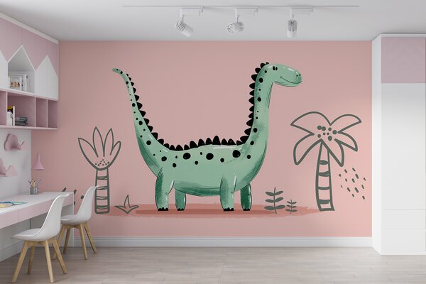 Fototapet Cartoon dinozaur cu plante și frunze, Fototapet dinozauri, Fototapet populare, w01357 - Tapeko.ro