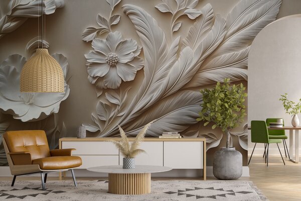 Fototapet Design floral alb pe un perete, Fototapet flori 3D, Fototapet populare, w01356 - Tapeko.ro