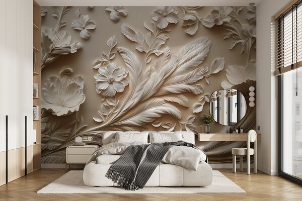Fototapet Design floral alb pe un perete, Fototapet flori 3D, Fototapet populare, w01356 - Tapeko.ro