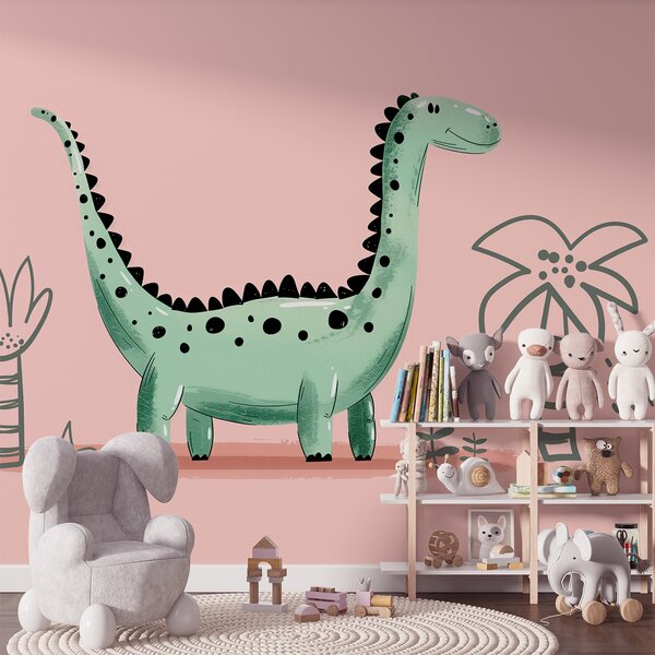 Fototapet Cartoon dinozaur cu plante și frunze, Fototapet dinozauri, Fototapet populare, w01357 - Tapeko.ro