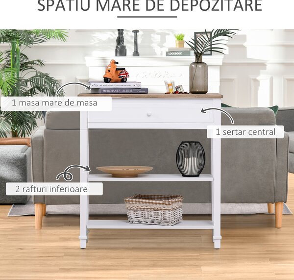 Masa multifunctionala pentru hol HOMCOM, cu sertar, lemn pin, 75.6x27.5x80.5cm, alb | Aosom Romania