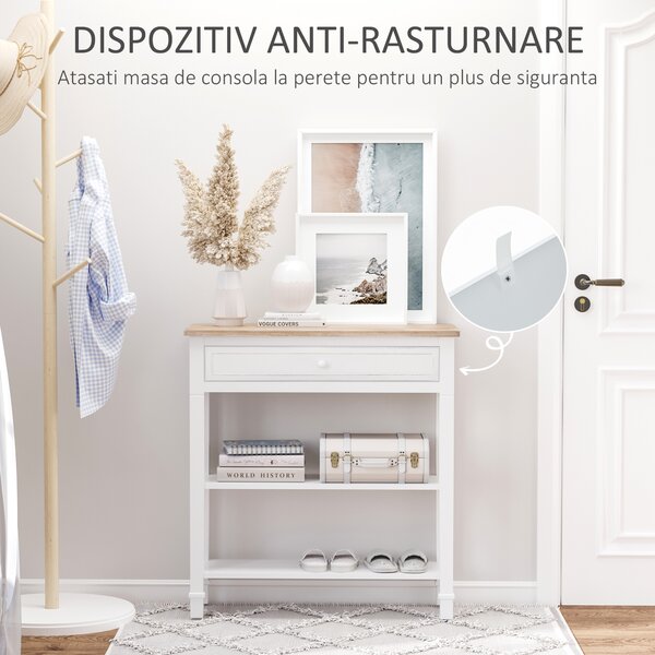 Masa multifunctionala pentru hol HOMCOM, cu sertar, lemn pin, 75.6x27.5x80.5cm, alb | Aosom Romania