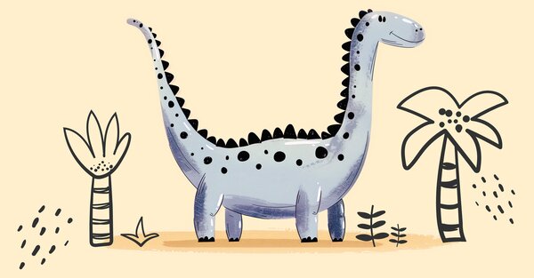 Fototapet Cartoon dinozaur cu plante și flori, Fototapet dinozauri, Fototapet populare, w01357v2 - Tapeko.ro