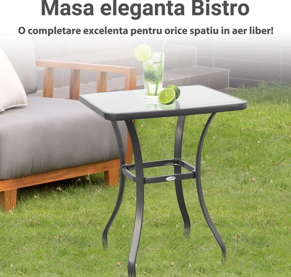 Outsunny Masă Pătrată pentru Grădină, Sticlă Termorezistentă, Design Modern, Negru, 68.5x68.5x84cm | Aosom Romania