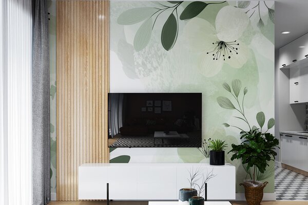Fototapet Design floral alb și verde, Fototapet natură, Fototapet populare, w01451v2 - Tapeko.ro