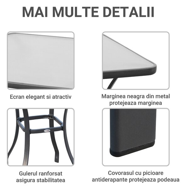 Outsunny Masă Pătrată pentru Grădină, Sticlă Termorezistentă, Design Modern, Negru, 68.5x68.5x84cm | Aosom Romania