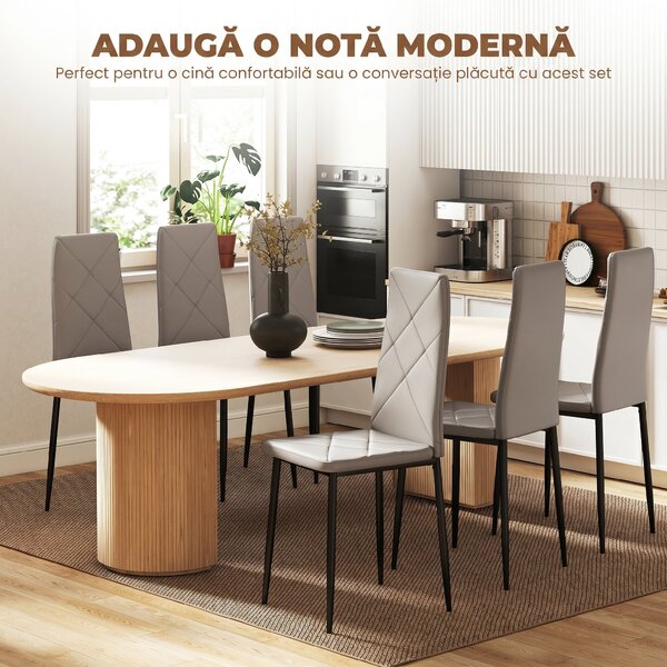 HOMCOM Set de 6 Scaune de Sufragerie, cu Spătar Înalt cu Cusături Tip Romb din Piele Ecologică și Oțel, 41x50x97 cm, Gri | Aosom Romania