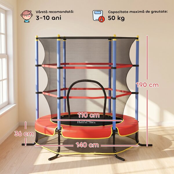 HOMCOM Trambolină pentru Copii 3-10 Ani cu Plasă de Siguranță, Suprafață Elastică cu Țevi Capitonate, Ø175x190 cm, Albastru | Aosom Romania
