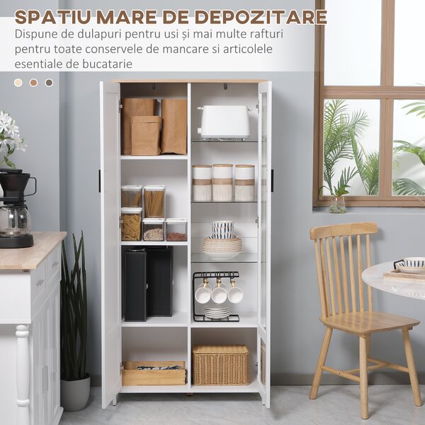 HOMCOM Bufet Modern 2 Uși 7 Rafturi Design Anti-Răsturnare Lemn Sticlă 76x36x160cm Alb | Aosom Romania