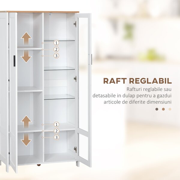HOMCOM Bufet Modern 2 Uși 7 Rafturi Design Anti-Răsturnare Lemn Sticlă 76x36x160cm Alb | Aosom Romania