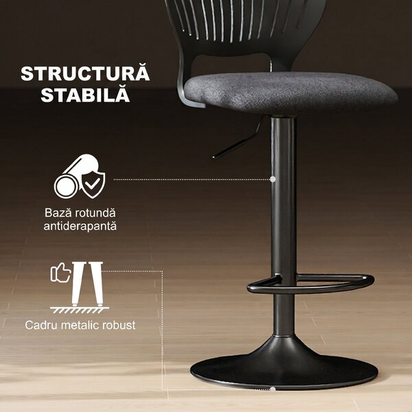 Set HOMCOM de 2 Scaune de Bar Reglabile, Scaune de Bucătărie Înalte din Țesătură Tip In cu Spătar, Suport pentru Picioare și Scaun Moale, Structură din Metal, Scaune de Bar Rotative la 360°, Negru | Aosom Romania