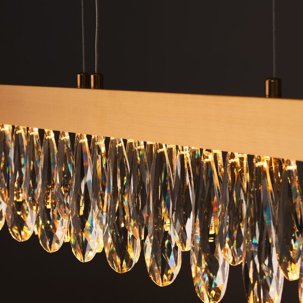 Brilliant Lampă suspendată LED Celestia, lungime 110 cm, cristal de culoare alamă, reglabil, Auriu / Alamă, Camera de zi / sufragerie, Metal