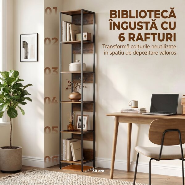 HOMCOM Bibliotecă cu 6 Rafturi, Finisaj Lemn Maro | Aosom Romania