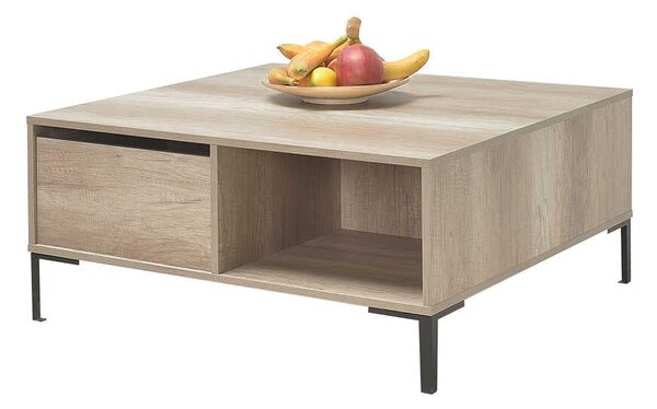 Masuta Cafea Adore cu sertar si picioare metalice, Alb - Maro - Natur, 90x42x90 cm