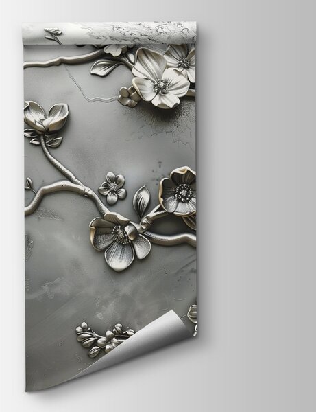 Fototapet Design floral argintiu pe un perete, Fototapet flori 3D, Fototapet populare, w01432 - Tapeko.ro