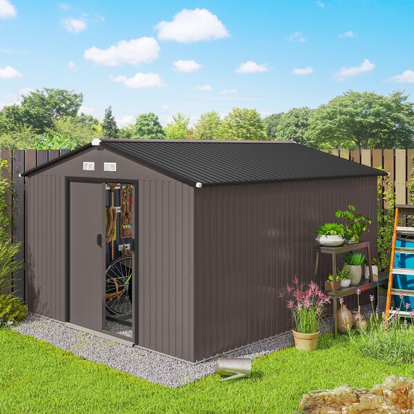 Outsunny Magazie de Grădină 8.3m² din Oțel Zincat, Uși Duble Glisante, 277x322x192 cm, Maro | Aosom Romania