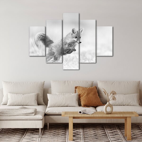 Tablou - Vulpe care sare,alb-negru (150x105 cm)