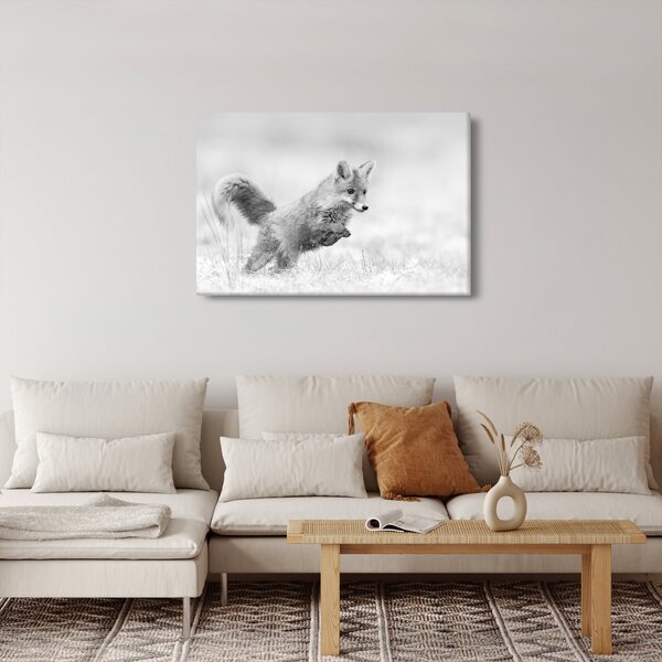 Tablou - Vulpe care sare,alb-negru (90x60 cm)