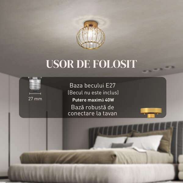 HOMCOM Plafonieră modernă, cristale, auriu, soclu E27, ideală pentru living și dormitor | Aosom Romania