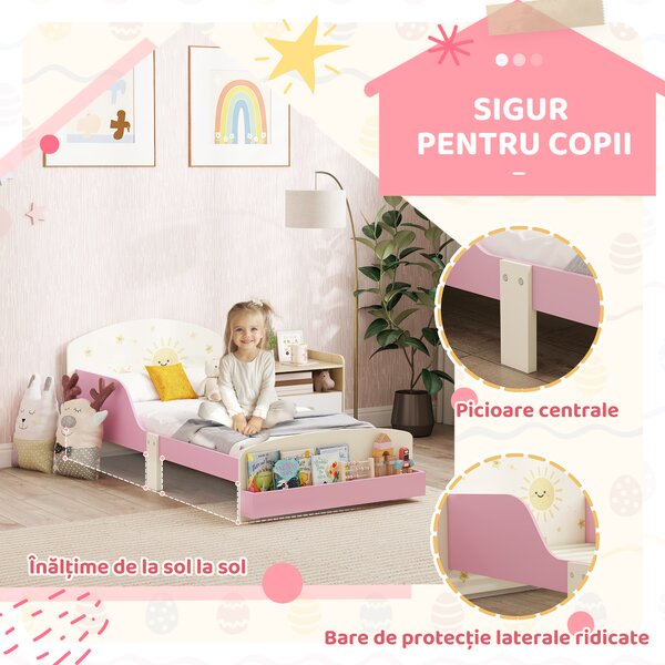 AIYAPLAY Pat copii mic, cadru cu design stele și spațiu de depozitare, roz | Aosom Romania