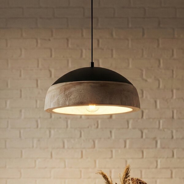 Lucande Lampă suspendată Leivar, Ø 35 cm, lemn/negru, E27, reglabil, Lemn, Camera de zi / sufragerie, Lemn, Modern