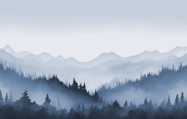 Fototapet Foggy peisaj montan cu copaci și munți, Fototapet natură, Fototapet populare, w01747v2 - Tapeko.ro