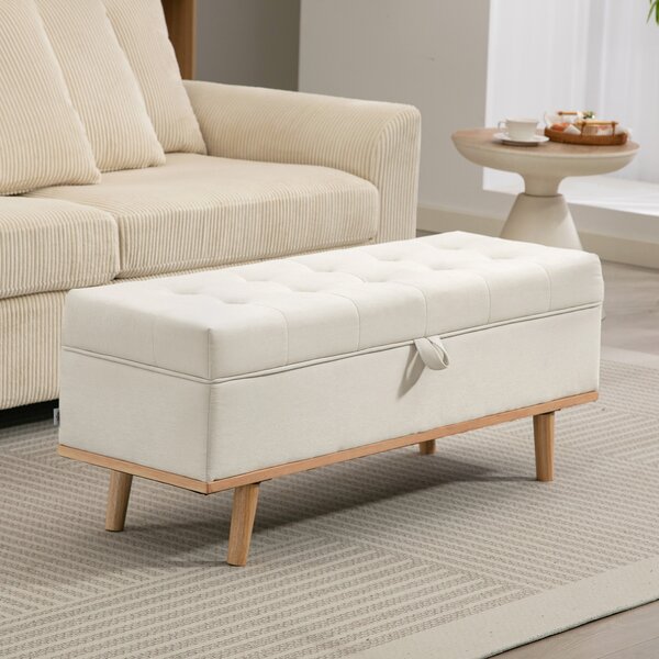 HOMCOM Taburet depozitare 80L, material textil, picioare lemn, 118x42x45 cm, crem | Aosom Romania