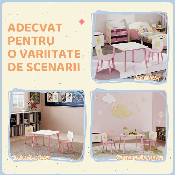AIYAPLAY Set de 3 piese cu masă și scaune pentru copii, Masă cu 2 scaune pentru dormitor, grădiniță, sală de jocuri, Roz | Aosom Romania