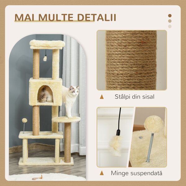 PawHut Ansamblu de joacă pentru Pisici Înalt 136 cm cu Căsuță Detașabilă, Căsuță și Pătuț, Stâlpi din Iută, Bej | Aosom Romania