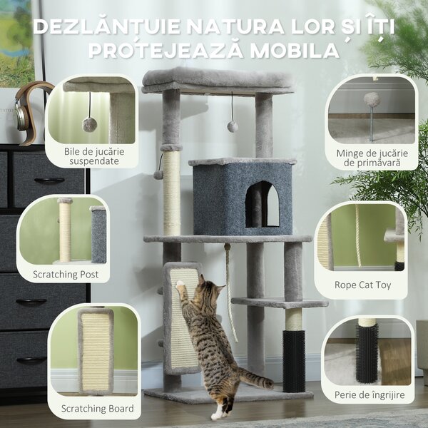 PawHut Ansamblu de Joacă pentru Pisici Multinivel Înalt 132 cm cu Căsuță, Culcuș, Stâlpi de Zgâriat, Perie și Minge, Gri | Aosom Romania