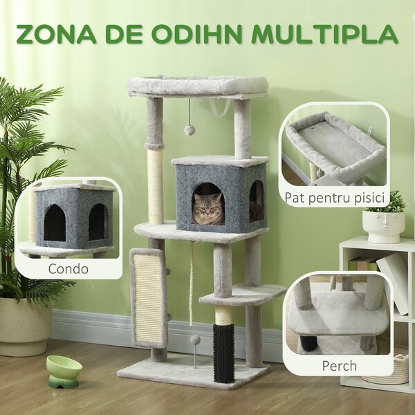 PawHut Ansamblu de Joacă pentru Pisici Multinivel Înalt 132 cm cu Căsuță, Culcuș, Stâlpi de Zgâriat, Perie și Minge, Gri | Aosom Romania