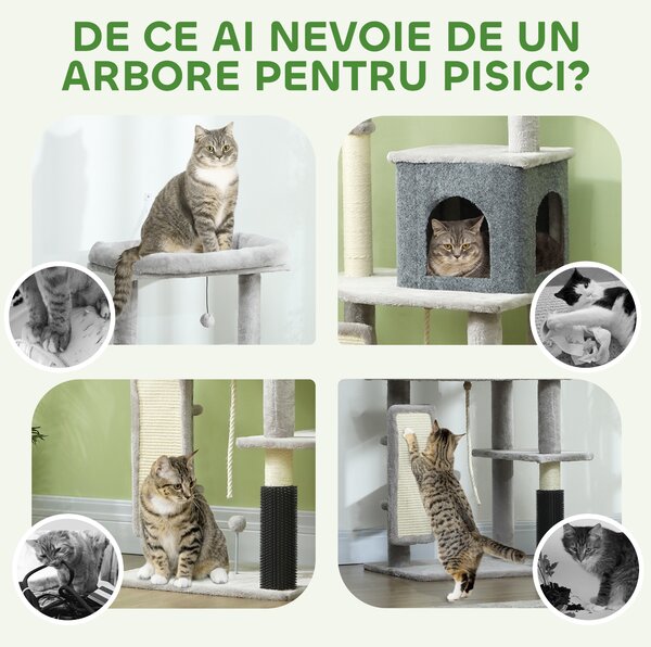 PawHut Ansamblu de Joacă pentru Pisici Multinivel Înalt 132 cm cu Căsuță, Culcuș, Stâlpi de Zgâriat, Perie și Minge, Gri | Aosom Romania
