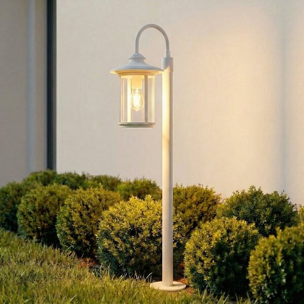 Lindby Bornă luminoasă Zayn, albă, sticlă, înălțime 109 cm, IP65, reglabil, Alb, Aluminiu, Antichitate, Felinar