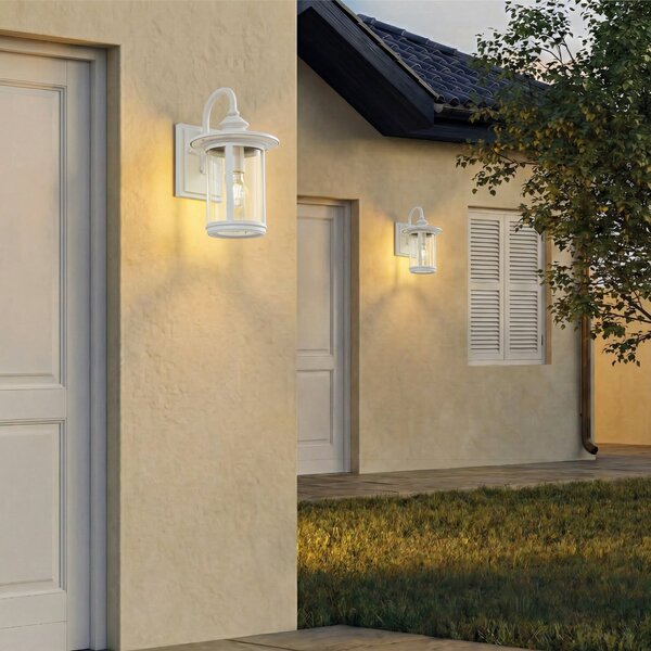 Lindby Lampă de perete exterior Zayn, alb, sticlă, înălțime 33 cm, IP23, reglabil, Alb, Aluminiu, Antichitate, Felinar