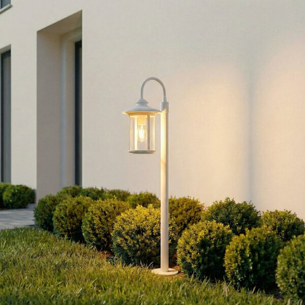 Lindby Bornă luminoasă Zayn, albă, sticlă, înălțime 109 cm, IP65, reglabil, Alb, Aluminiu, Antichitate, Felinar