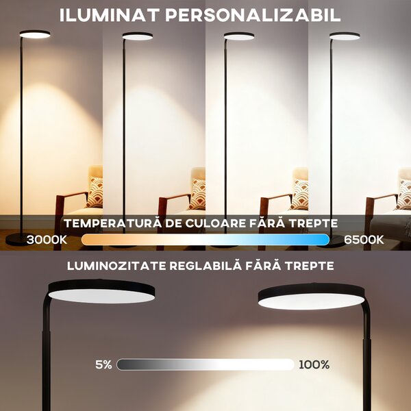 HOMCOM Lampă de Podea LED cu Cap Rotativ la 350° și Telecomandă Magnetică, Reglaj Continuu 3000K-6500K, Negru | Aosom Romania